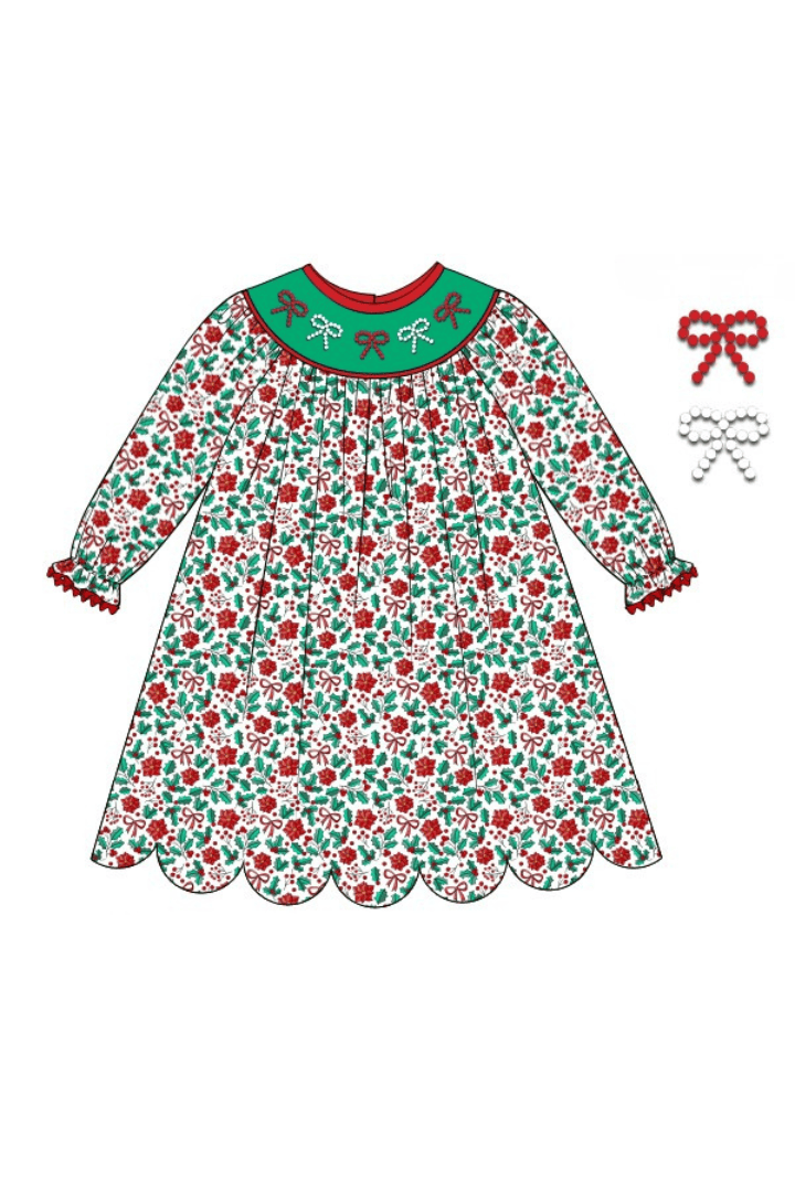 The Smocked Flamingo Apparel & Accessories Smocked Pearl Bow Floral Holly Dress