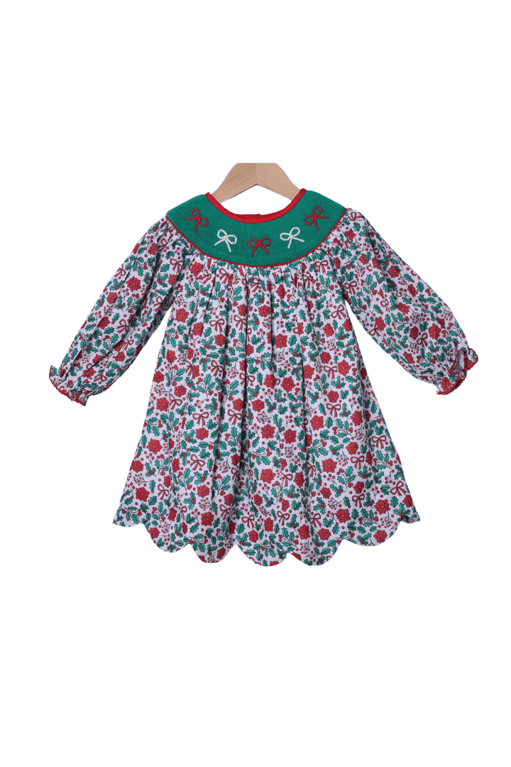 The Smocked Flamingo Apparel & Accessories Smocked Pearl Bow Floral Holly Dress