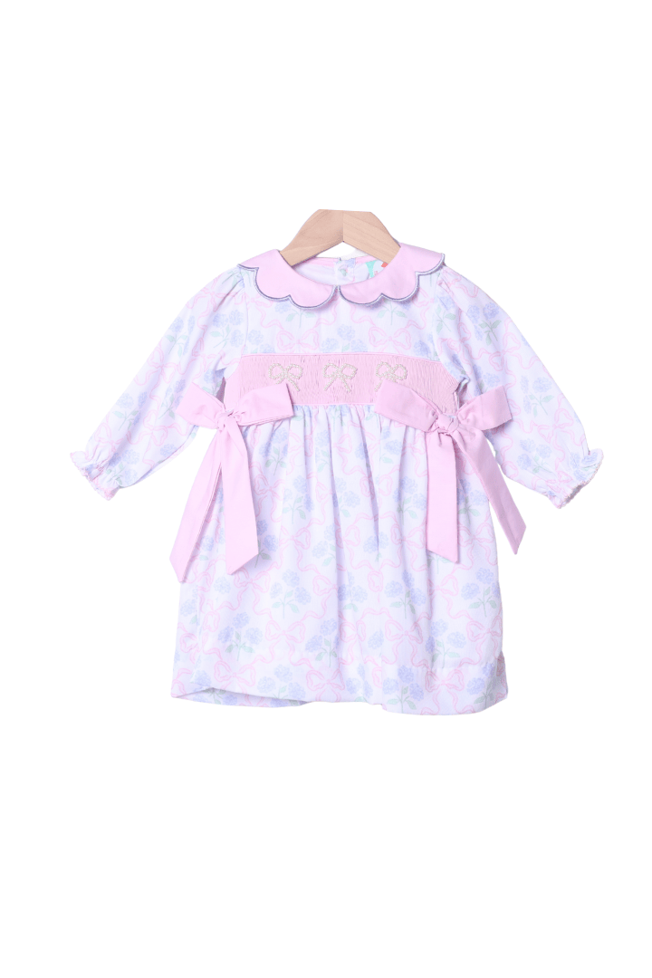 The Smocked Flamingo Apparel & Accessories Smocked Pearl Bow Hydrangea Dress
