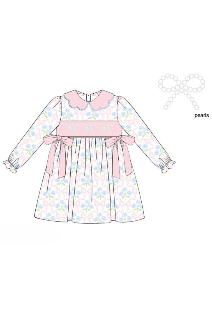 The Smocked Flamingo Apparel & Accessories Smocked Pearl Bow Hydrangea Dress