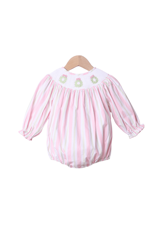 The Smocked Flamingo Apparel & Accessories Smocked Pearl Wreath Pink and Green Stripe Bubble