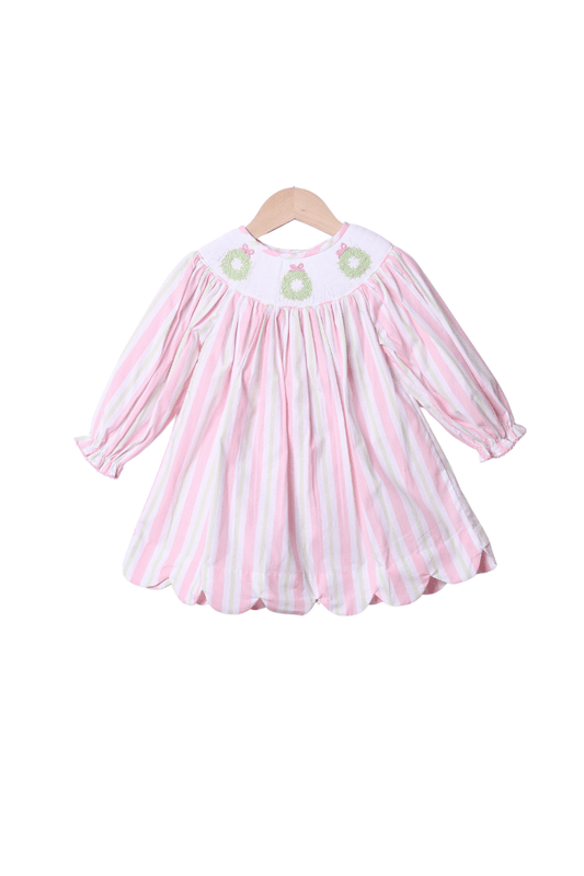 The Smocked Flamingo Apparel & Accessories Smocked Pearl Wreath Pink and Green Stripe Scallop Dress