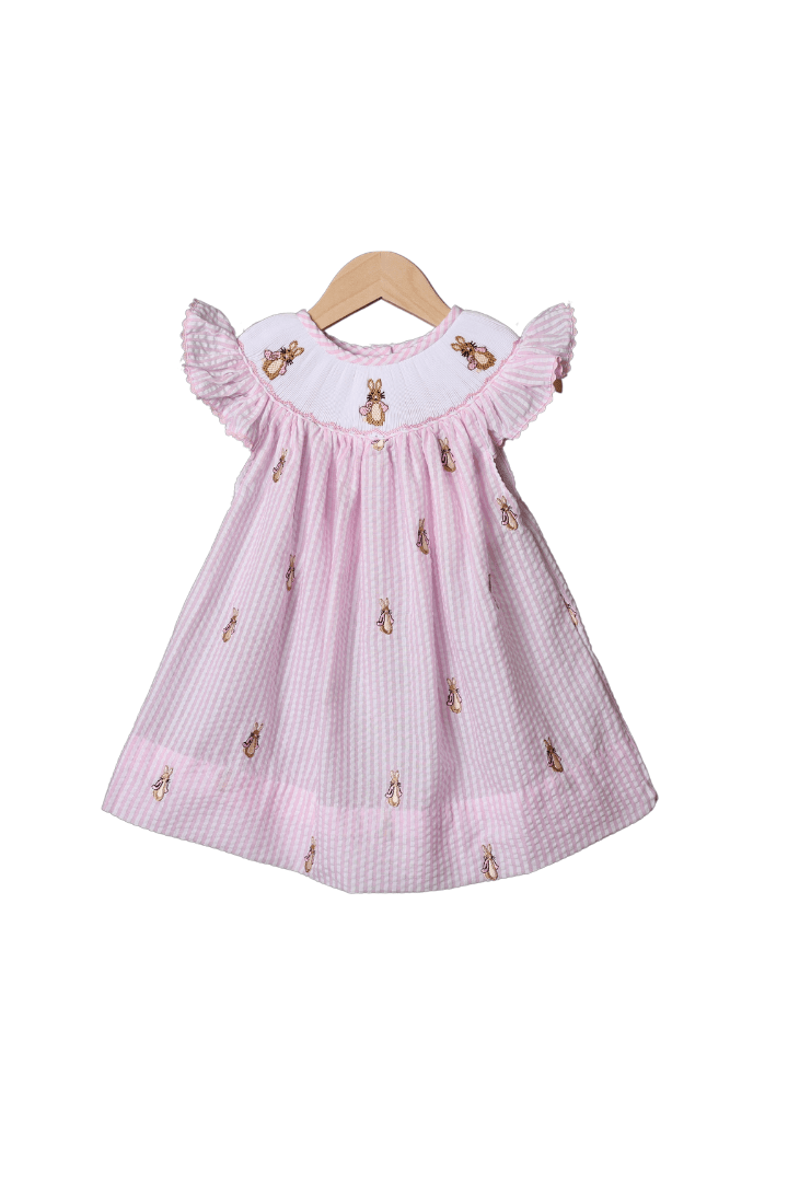 The Smocked Flamingo Apparel & Accessories Smocked Peter Rabbit Pink Seersucker Embroidered Bishop Dress