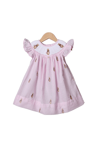 The Smocked Flamingo Apparel & Accessories Smocked Peter Rabbit Pink Seersucker Embroidered Bishop Dress