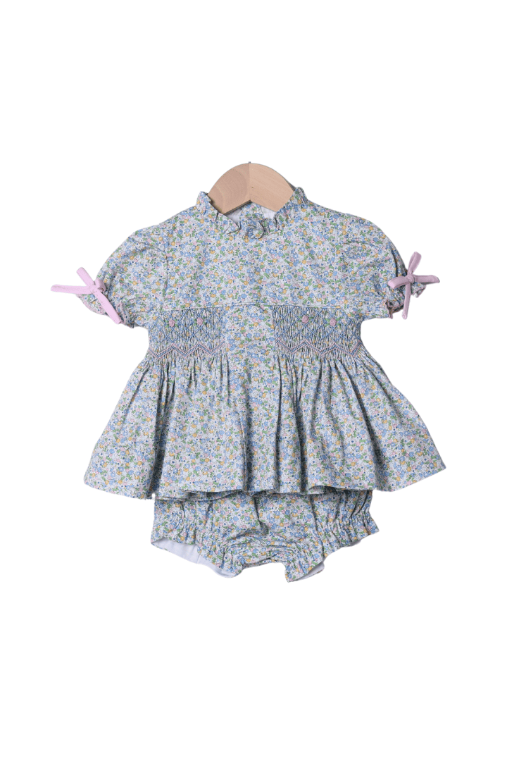 The Smocked Flamingo Apparel & Accessories Smocked Pink and Blue Floral Bloomer Set