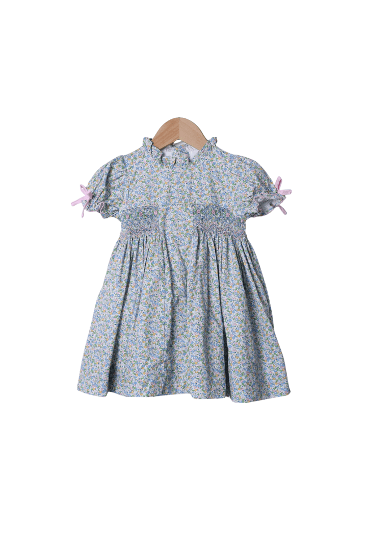 The Smocked Flamingo Apparel & Accessories Smocked Pink and Blue Floral Bow Dress