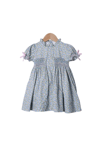 The Smocked Flamingo Apparel & Accessories Smocked Pink and Blue Floral Bow Dress