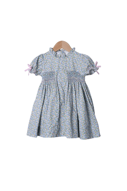 The Smocked Flamingo Apparel & Accessories Smocked Pink and Blue Floral Bow Dress