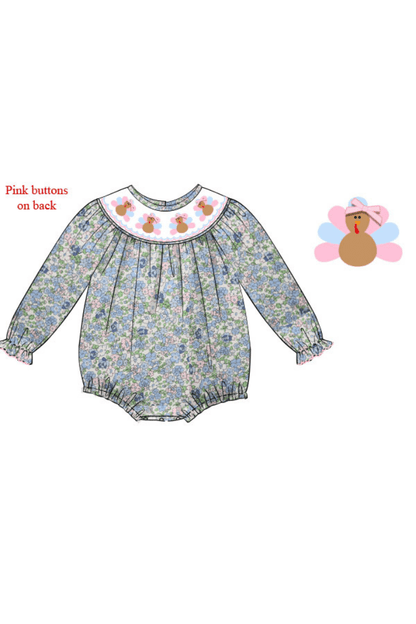 The Smocked Flamingo Apparel & Accessories Smocked Pink and Blue Floral Turkey Bubble