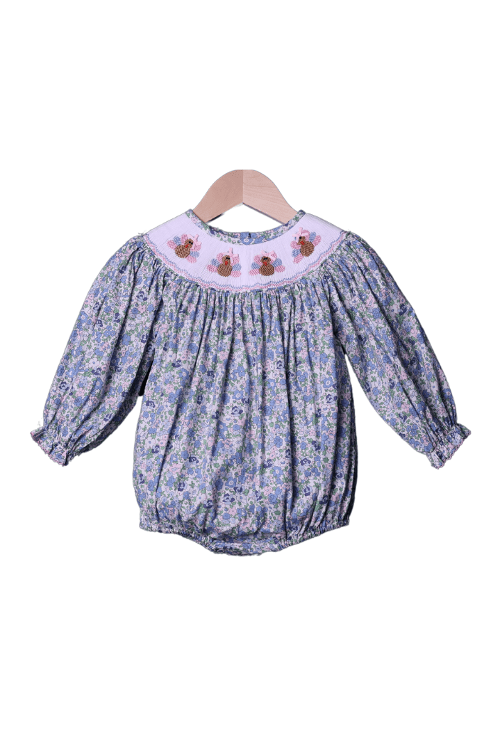 The Smocked Flamingo Apparel & Accessories Smocked Pink and Blue Floral Turkey Bubble