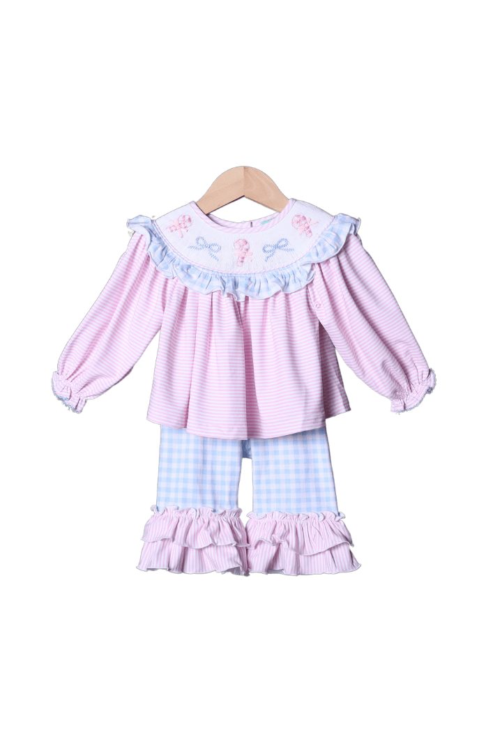 The Smocked Flamingo Apparel & Accessories Smocked Pink and Blue Knit Candy Cane Pant Set