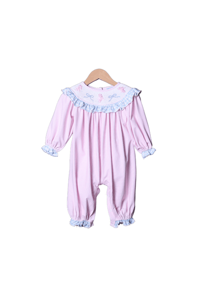 The Smocked Flamingo Apparel & Accessories Smocked Pink and Blue Knit Candy Cane Romper