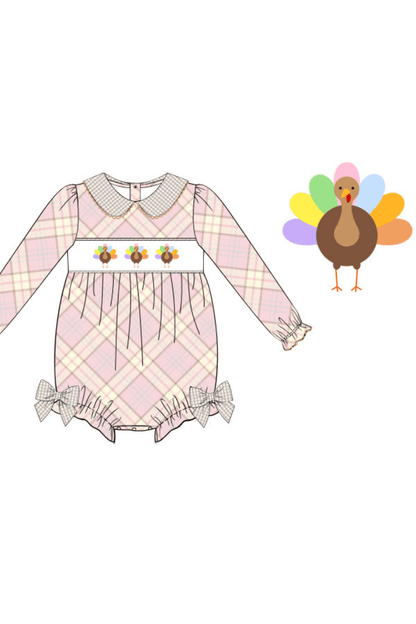 The Smocked Flamingo Apparel & Accessories Smocked Pink and Khaki Plaid Turkey Bubble