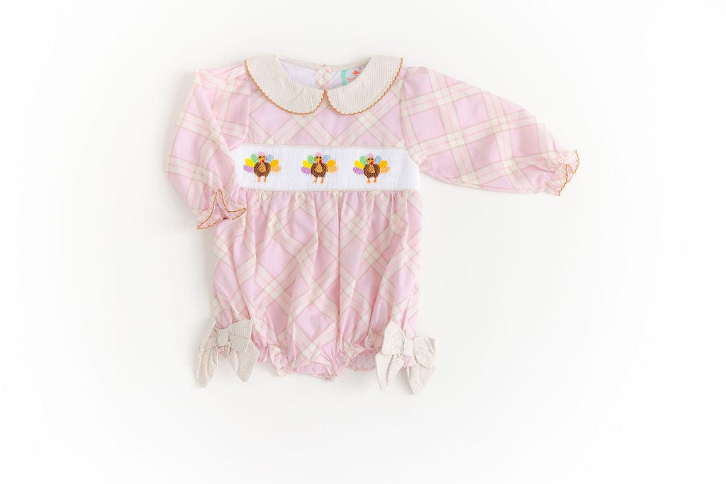 The Smocked Flamingo Apparel & Accessories Smocked Pink and Khaki Plaid Turkey Bubble