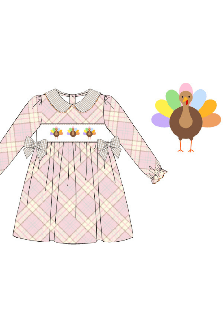 The Smocked Flamingo Apparel & Accessories Smocked Pink and Khaki Plaid Turkey Dress