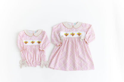 The Smocked Flamingo Apparel & Accessories Smocked Pink and Khaki Plaid Turkey Dress