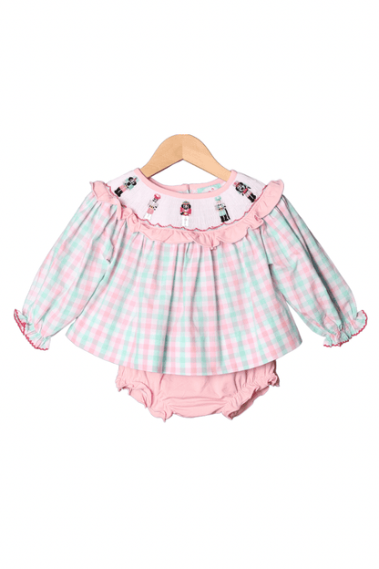 The Smocked Flamingo Apparel & Accessories Smocked Pink and Mint Gingham Nutcracker Bloomer Set