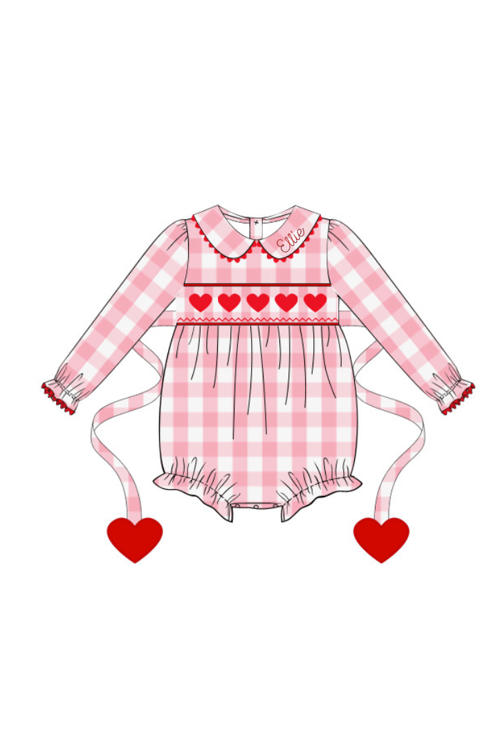 The Smocked Flamingo Apparel & Accessories Smocked Pink Buffalo Check Heart Tie Bubble