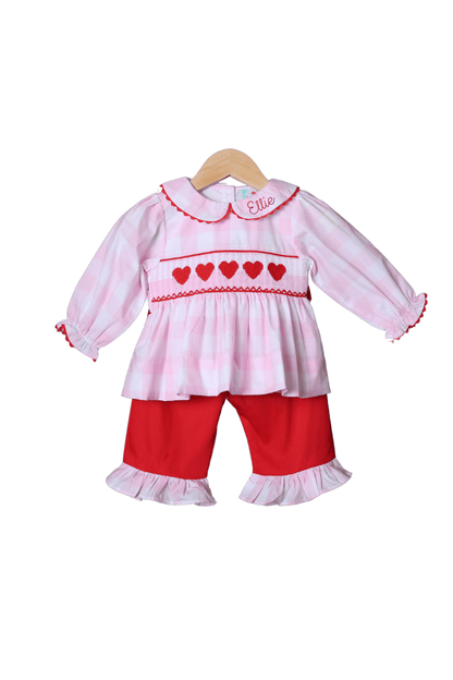 The Smocked Flamingo Apparel & Accessories Smocked Pink Buffalo Check Heart Tie Pant Set