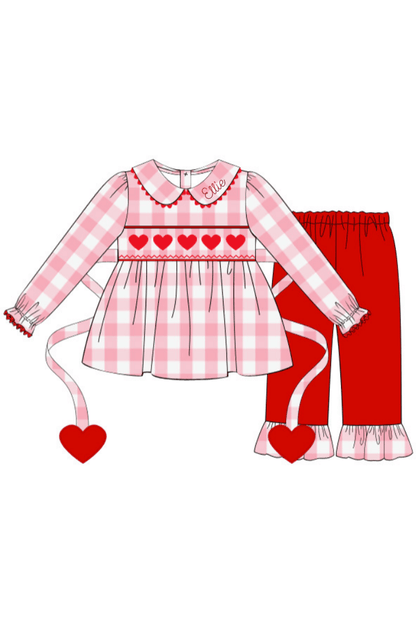 The Smocked Flamingo Apparel & Accessories Smocked Pink Buffalo Check Heart Tie Pant Set