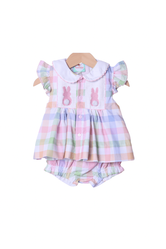 The Smocked Flamingo Apparel & Accessories Smocked Pink Bunny Pastel Plaid Bloomer Set