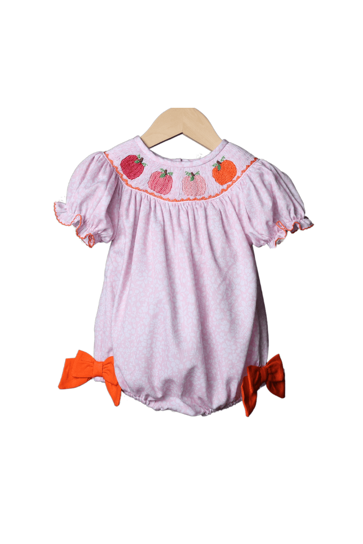 The Smocked Flamingo Apparel & Accessories Smocked Pink Floral Pumpkin Bubble-Short Sleeve