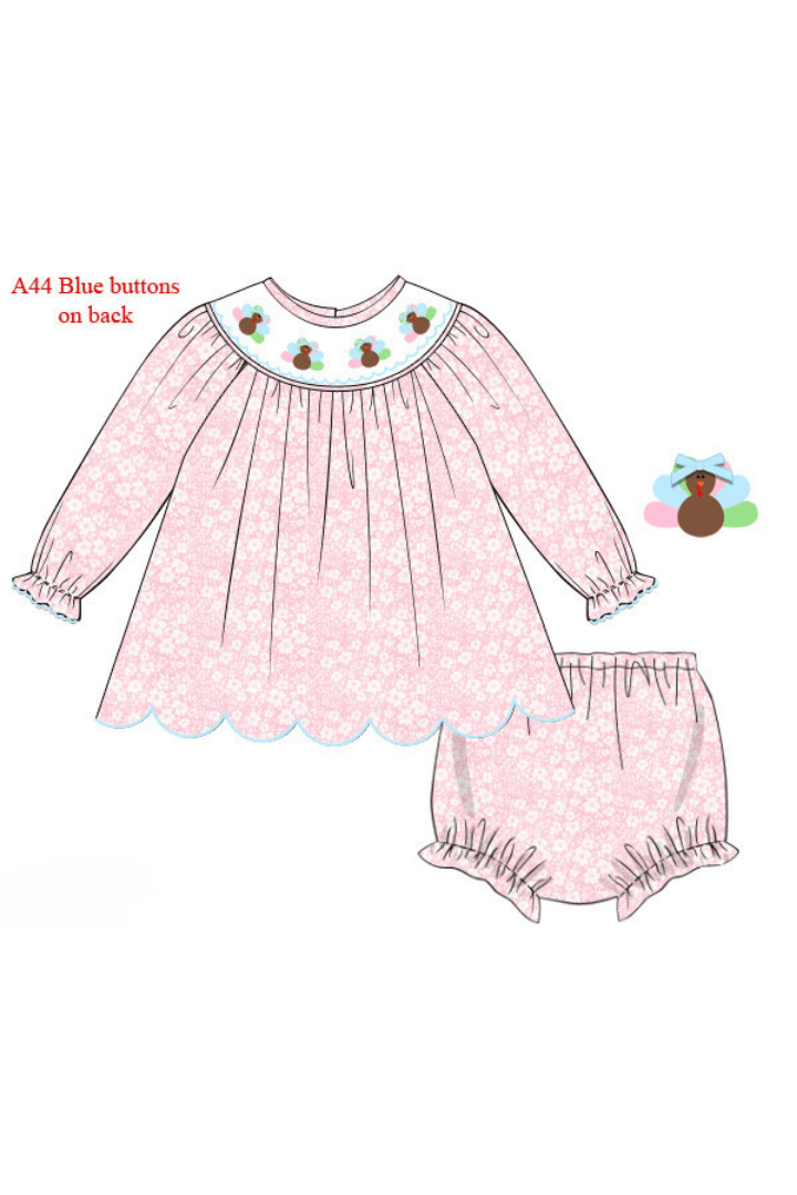 The Smocked Flamingo Apparel & Accessories Smocked Pink Floral Turkey Bloomer Set