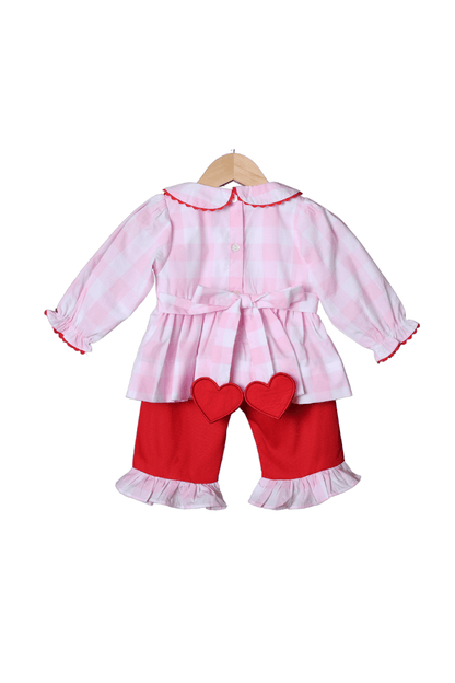 The Smocked Flamingo Apparel & Accessories Smocked Pink Gingham Heart Tie Pant Set