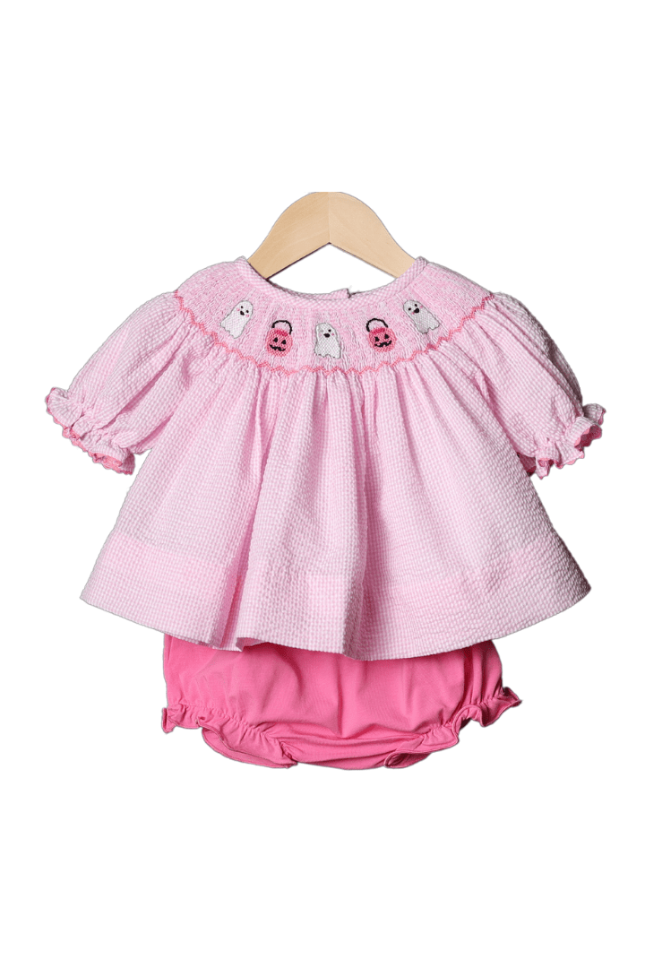 The Smocked Flamingo Apparel & Accessories Smocked Pink Gingham Seersucker Ghost Bloomer Set