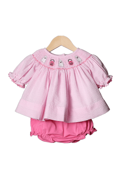 The Smocked Flamingo Apparel & Accessories Smocked Pink Gingham Seersucker Ghost Bloomer Set