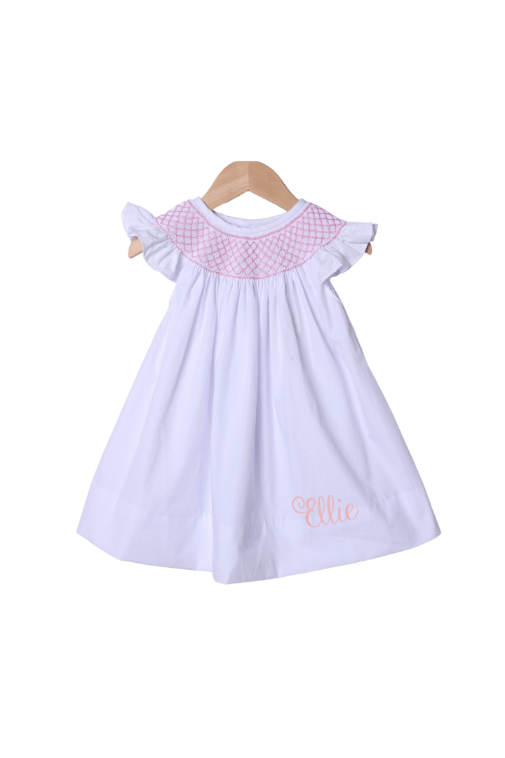 The Smocked Flamingo Apparel & Accessories Smocked Pink Heirloom White Bishop Dress