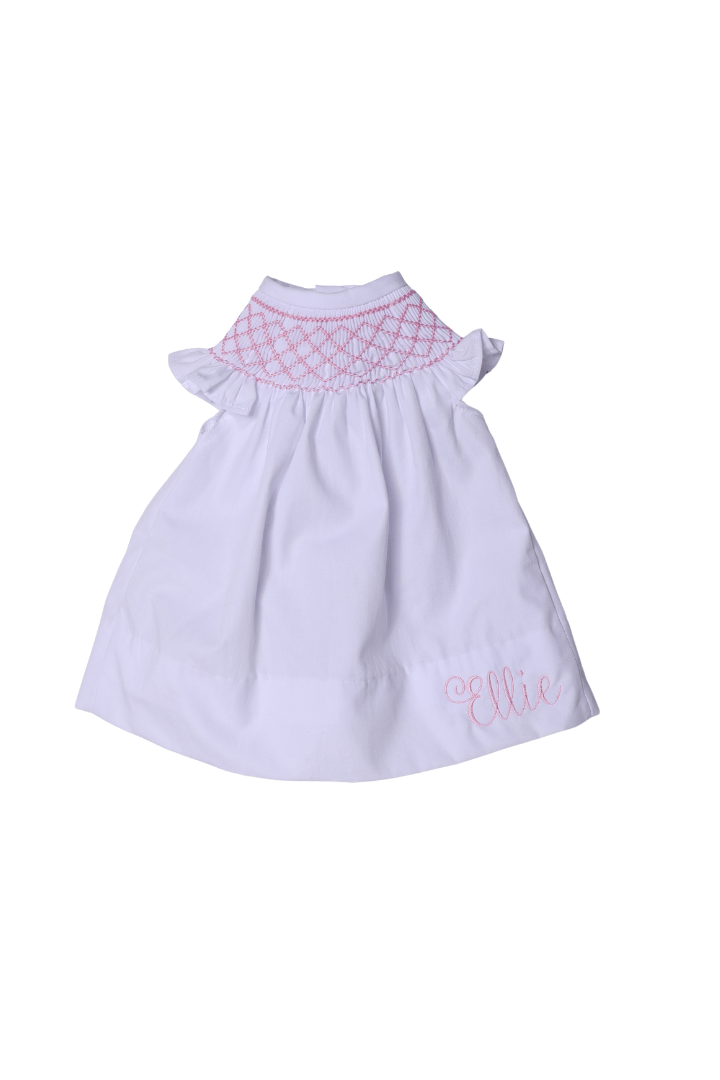 The Smocked Flamingo Apparel & Accessories Smocked Pink Heirloom White Bishop Dress-Doll Match