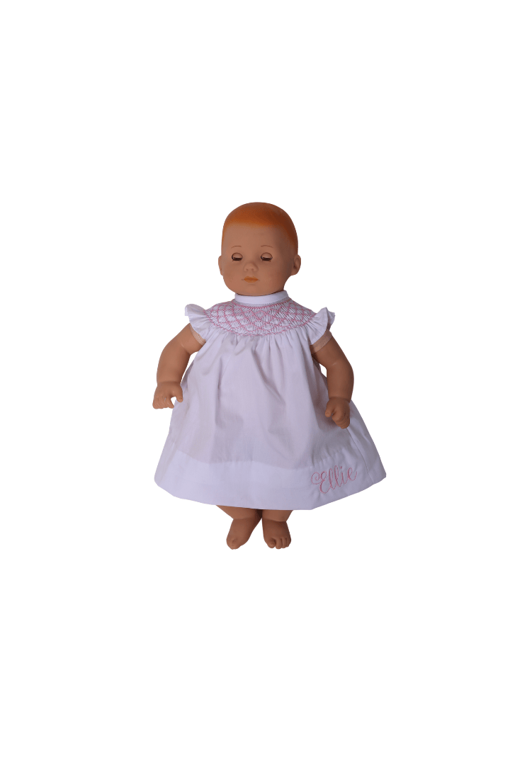 The Smocked Flamingo Apparel & Accessories Smocked Pink Heirloom White Bishop Dress-Doll Match