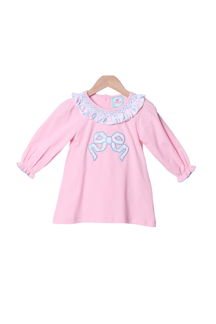 The Smocked Flamingo Apparel & Accessories Smocked Pink Knit Floral Applique Bow Dress