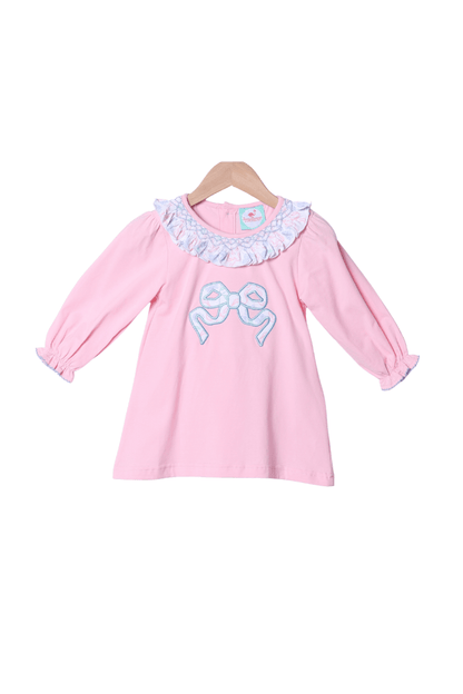 The Smocked Flamingo Apparel & Accessories Smocked Pink Knit Floral Applique Bow Dress