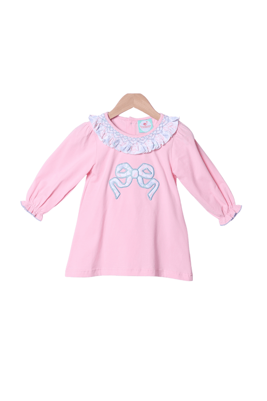 The Smocked Flamingo Apparel & Accessories Smocked Pink Knit Floral Applique Bow Dress