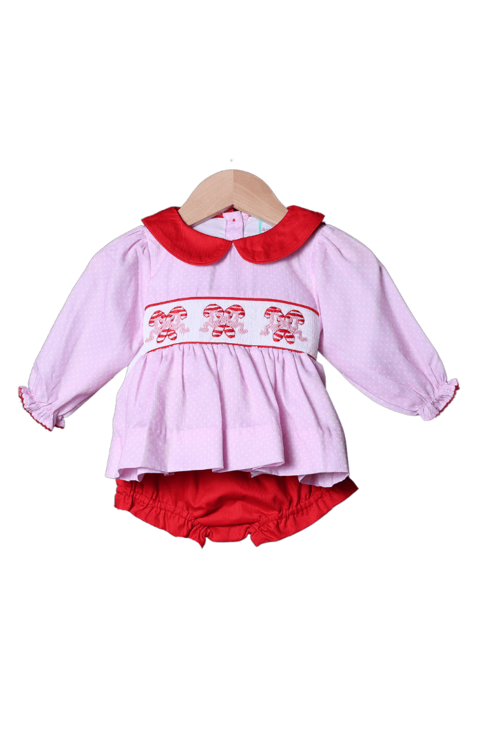 The Smocked Flamingo Apparel & Accessories Smocked Pink Polka Dot Candy Cane Bloomer Set