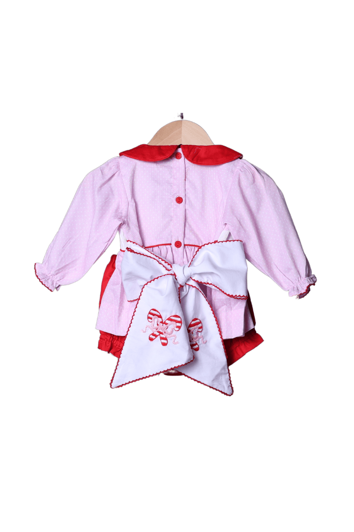 The Smocked Flamingo Apparel & Accessories Smocked Pink Polka Dot Candy Cane Bloomer Set