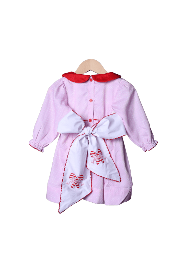 The Smocked Flamingo Apparel & Accessories Smocked Pink Polka Dot Candy Cane Dress