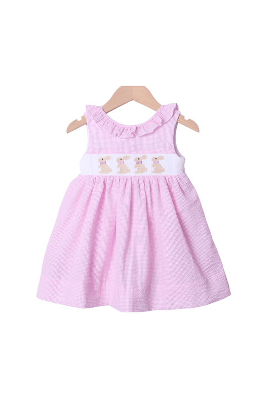 The Smocked Flamingo Apparel & Accessories Smocked Pink Seersucker Bunny Dress