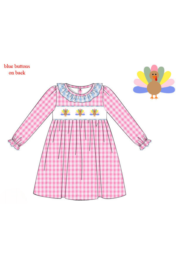 The Smocked Flamingo Apparel & Accessories Smocked Pink Seersucker Turkey Dress