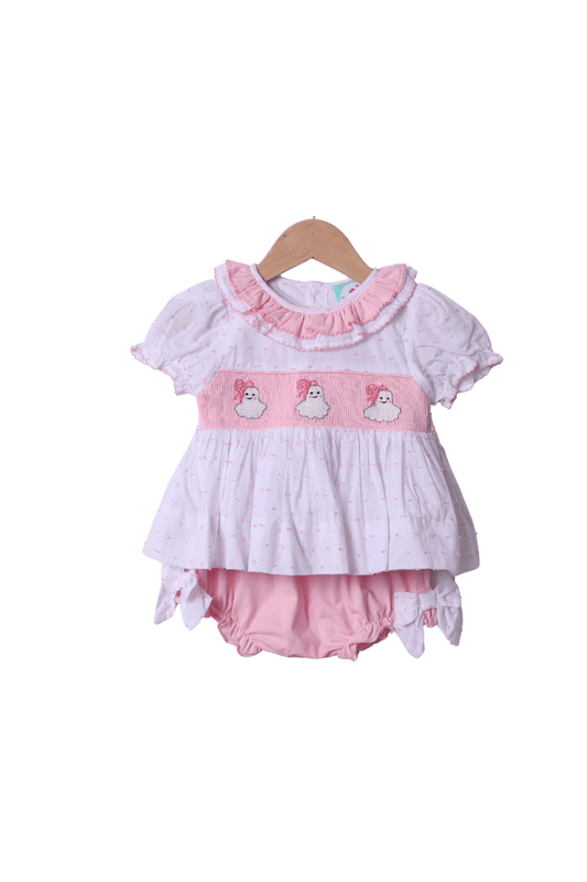The Smocked Flamingo Apparel & Accessories Smocked Pink Swiss Dot Bow Ghost Bloomer Set