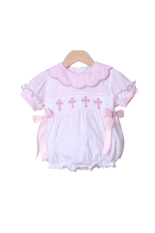 The Smocked Flamingo Apparel & Accessories Smocked Pink Swiss Dot Cross Bubble