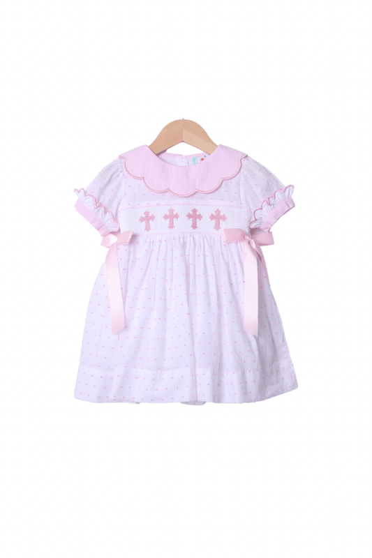 The Smocked Flamingo Apparel & Accessories Smocked Pink Swiss Dot Cross Dress