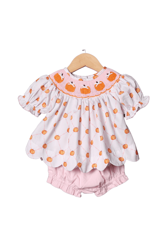 The Smocked Flamingo Apparel & Accessories Smocked Pink Trellis Pumpkin Bloomer Set