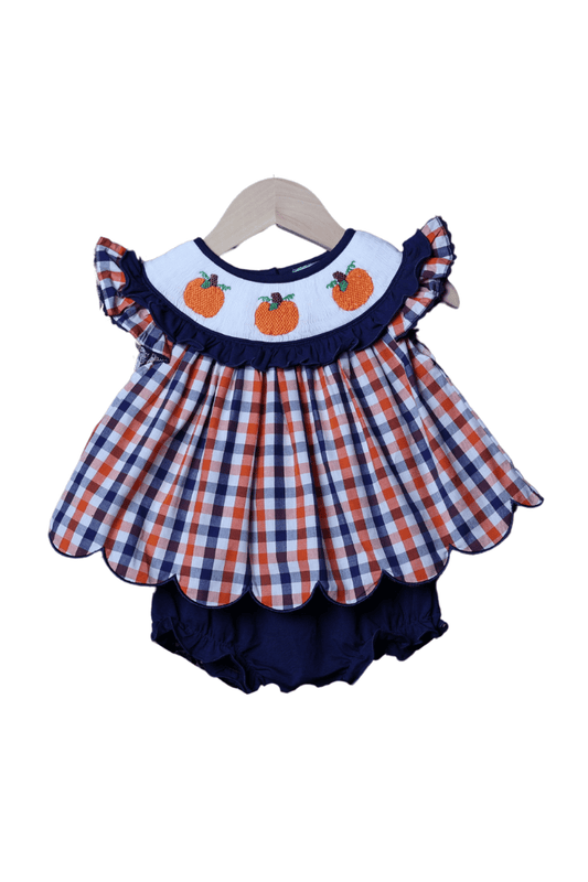 The Smocked Flamingo Apparel & Accessories Smocked Plaid Pumpkin Bishop Bloomer Set