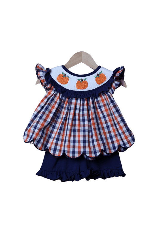 The Smocked Flamingo Apparel & Accessories Smocked Plaid Pumpkin Bishop Short Set