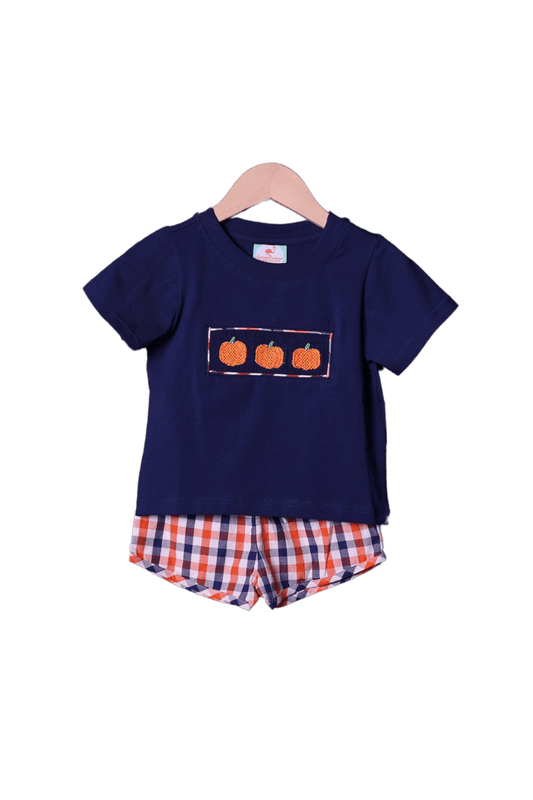 The Smocked Flamingo Apparel & Accessories Smocked Plaid Pumpkin Short Set