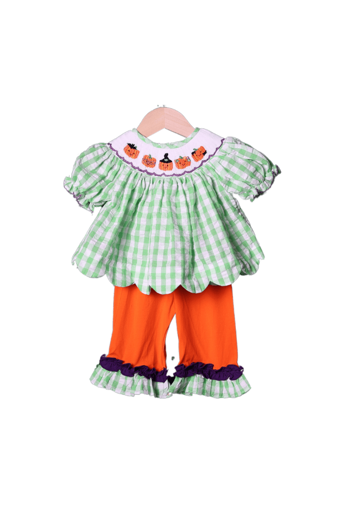 The Smocked Flamingo Apparel & Accessories Smocked Playful Pumpkins Green Pant Set