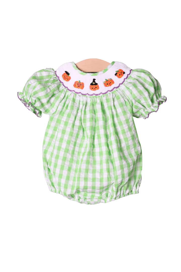 The Smocked Flamingo Apparel & Accessories Smocked Playful Pumpkins Green Seersucker Bubble